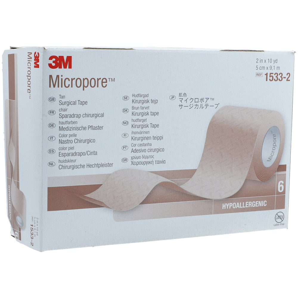 Caja 3M Micropore 1533-2 color piel, 5 cm × 9,1 m, 6 rollos sobre blanco