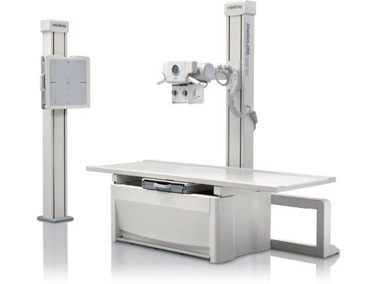 Fotografía original del sistema Mindray DigiEye 280; soporte mural ilustrativo a la izquierda, mesa y columna de rayos X a la derecha; oferta 115-081677-00