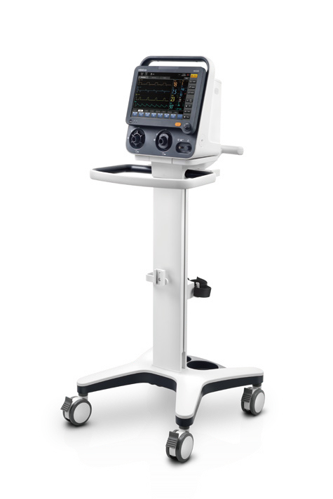 Unidad Mindray SV300 completa sobre carrito, con pantalla, asa, bandeja y cuatro ruedas. Foto del fabricante; no muestra mascarilla, circuito ni el resto de accesorios de la referencia.