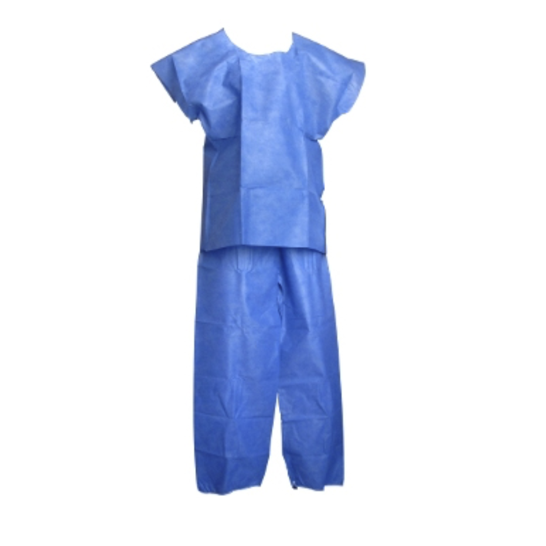 Traje azul desechable para cirujano de 25 g, filipina y pantalón