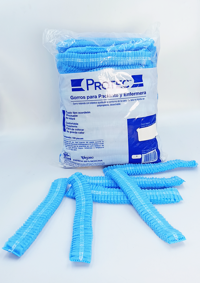 Gorro azul plisado tipo acordeón Protec para paciente y enfermera, bolsa con 100 piezas