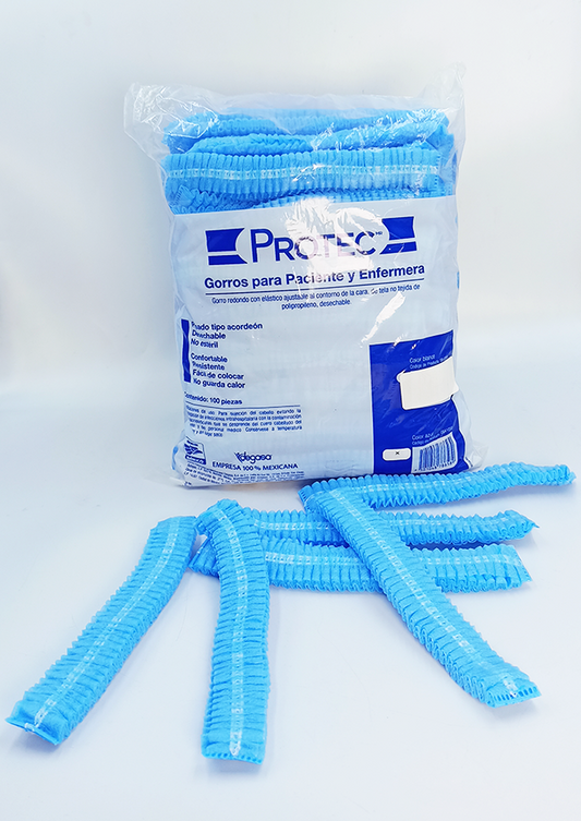 Gorro azul plisado tipo acordeón Protec para paciente y enfermera, bolsa con 100 piezas