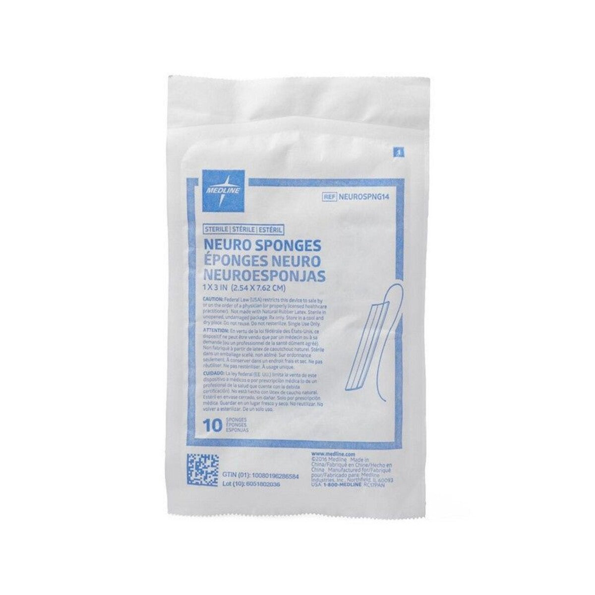 Medline Neuro Sponges NEUROSPNG14 de 1 x 3 pulgadas, paquete de 10, sobre fondo blanco