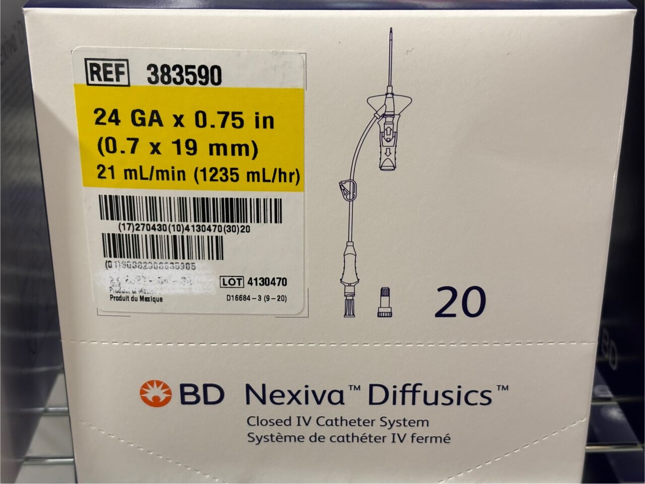 Empaque BD Nexiva Diffusics de sistema cerrado para catéter intravenoso; referencia visual de la familia