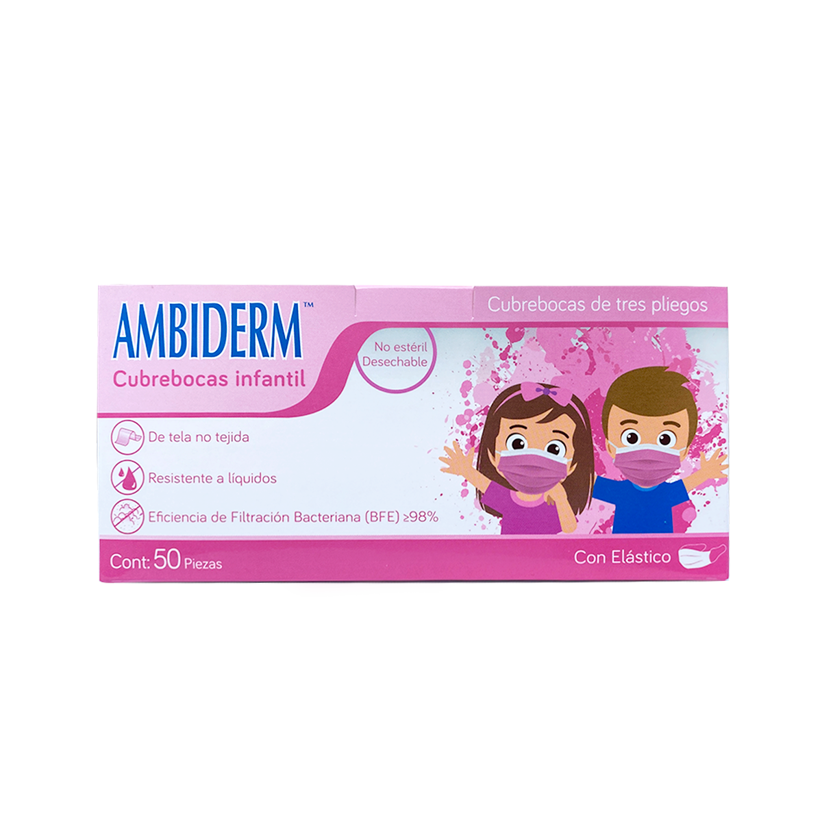 Caja Ambiderm con 50 cubrebocas infantiles rosa, tres pliegos con elástico, referencia 300112050