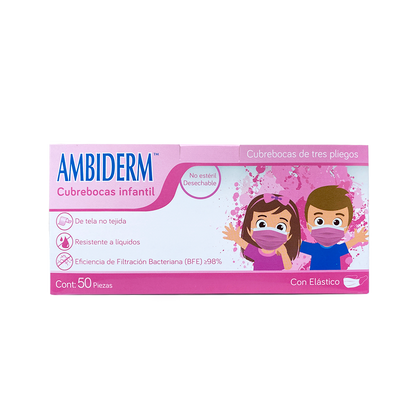 Caja Ambiderm con 50 cubrebocas infantiles rosa, tres pliegos con elástico, referencia 300112050
