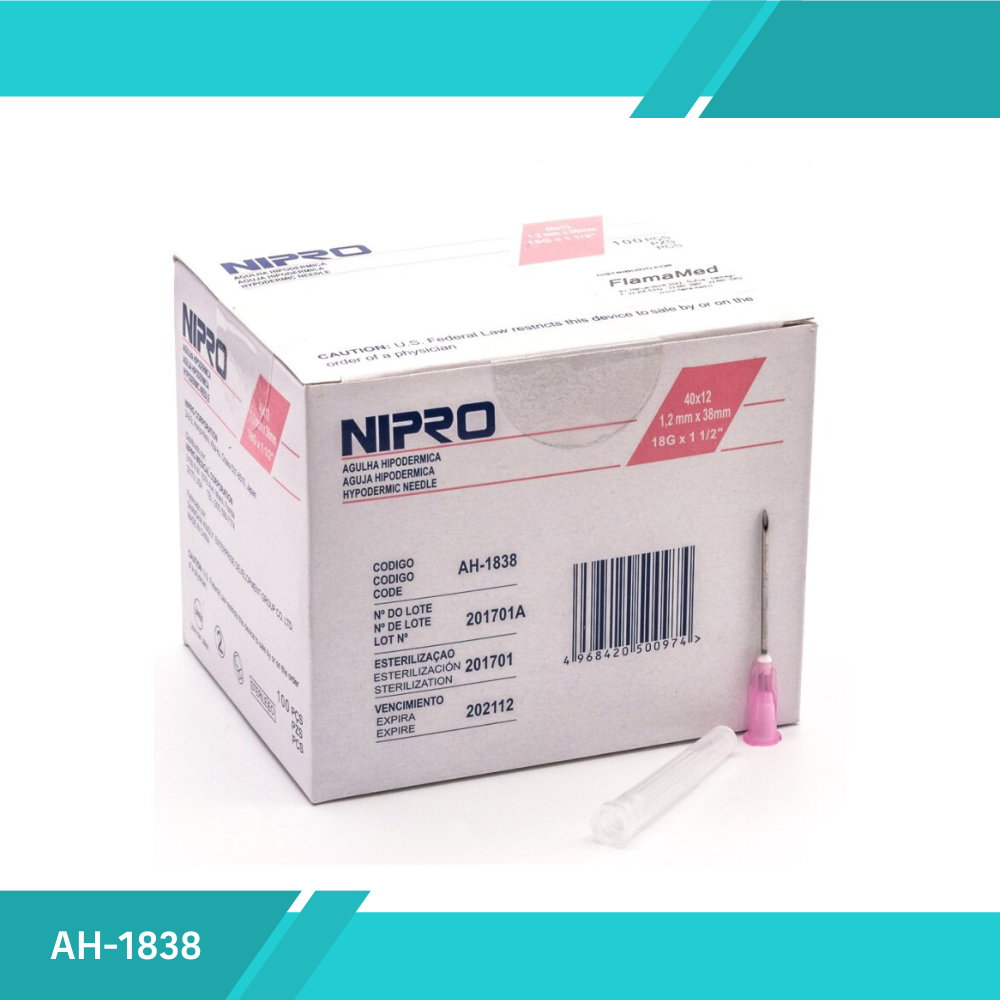 Aguja hipodérmica Nipro AH-1838 18G x 38 mm rosa, caja con 100 piezas