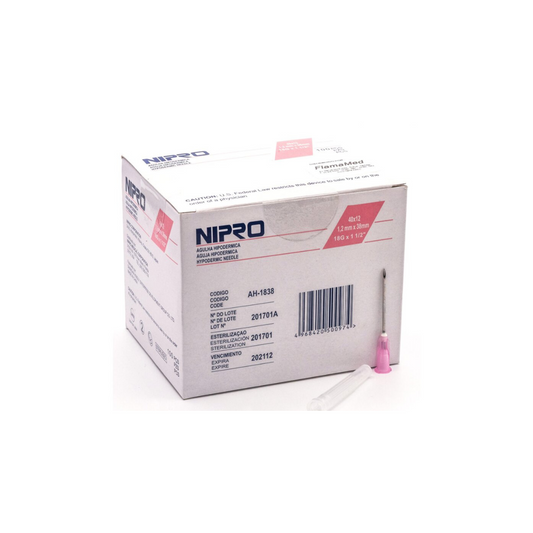 Nipro AH-1838, aguja hipodérmica 18G × 38 mm rosa, caja con 100 piezas sobre fondo blanco