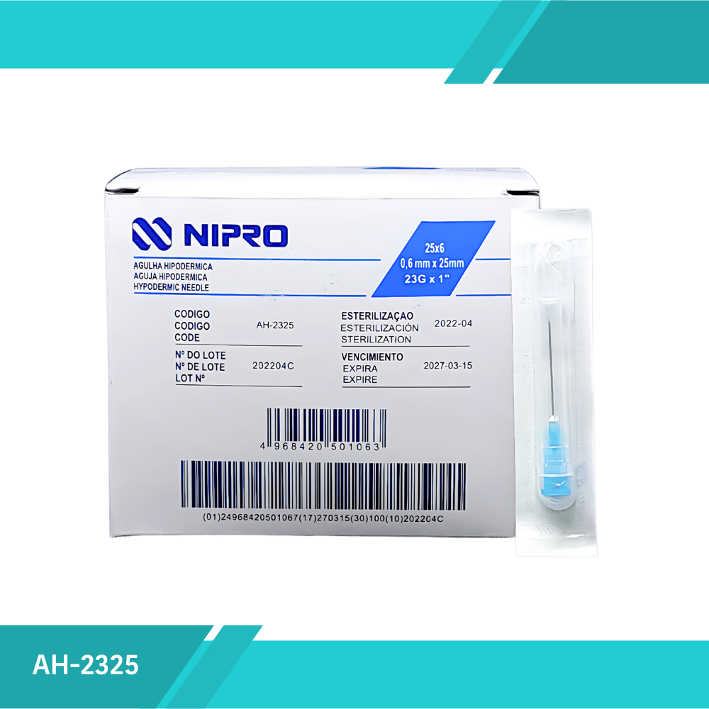 Aguja hipodérmica Nipro AH-2325 23G x 25 mm azul, caja con 100 piezas