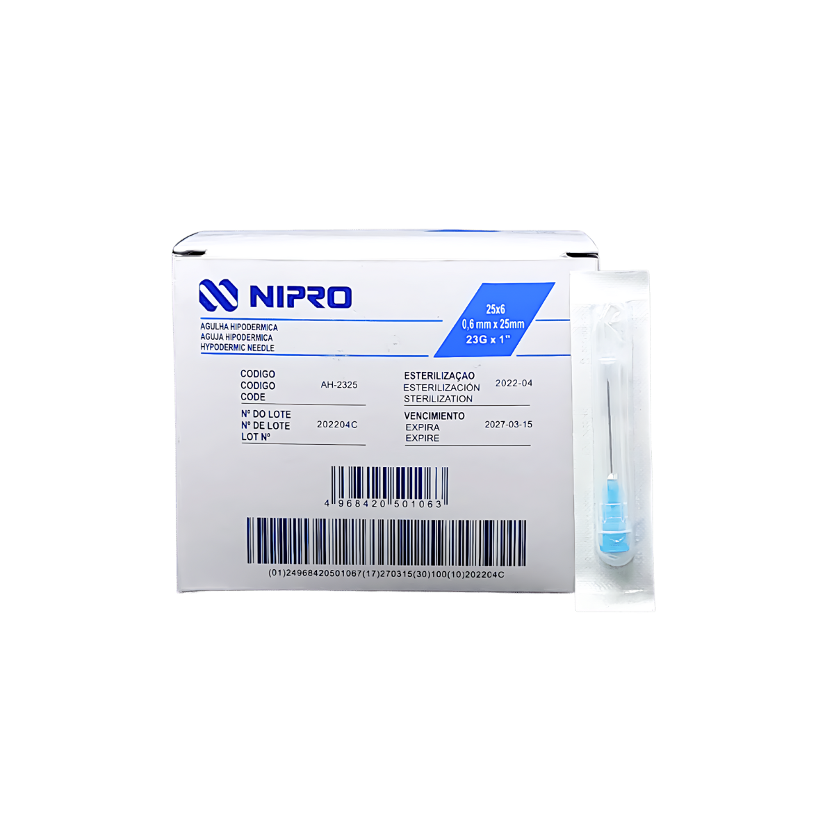 Nipro AH-2325, aguja hipodérmica 23G × 25 mm azul, caja con 100 piezas sobre fondo blanco