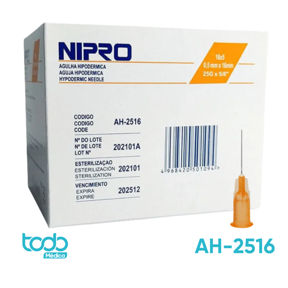 Aguja hipodérmica Nipro AH-2516 25G x 16 mm naranja, caja con 100 piezas
