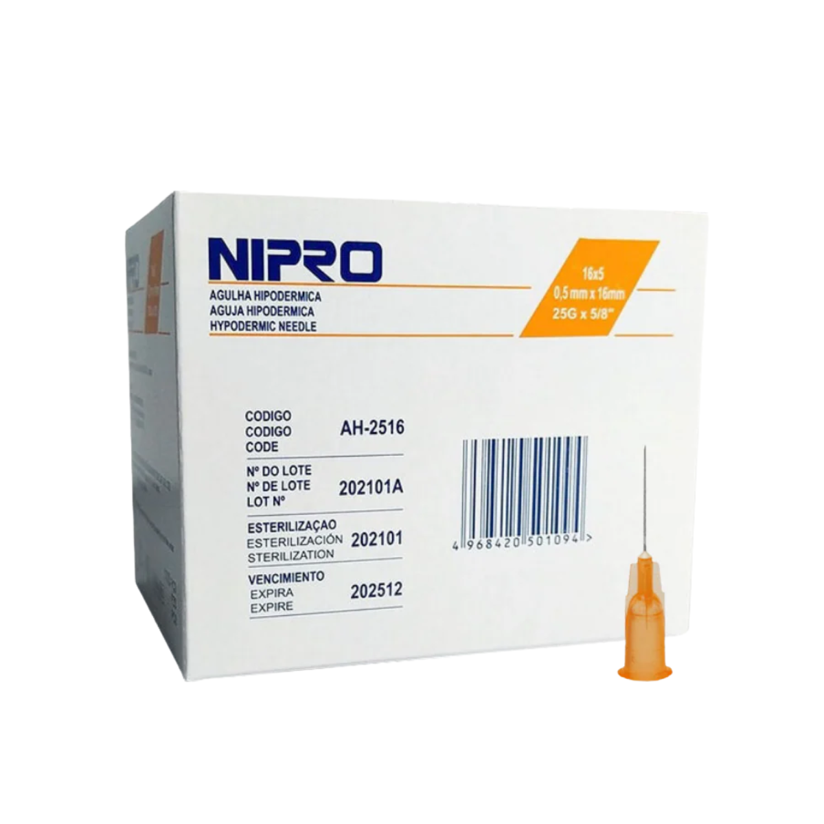 Nipro AH-2516, aguja hipodérmica 25G × 16 mm naranja, caja con 100 piezas sobre fondo blanco