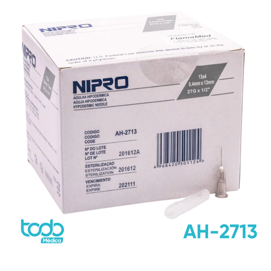Aguja hipodérmica Nipro AH-2713 27G x 13 mm gris, caja con 100 piezas