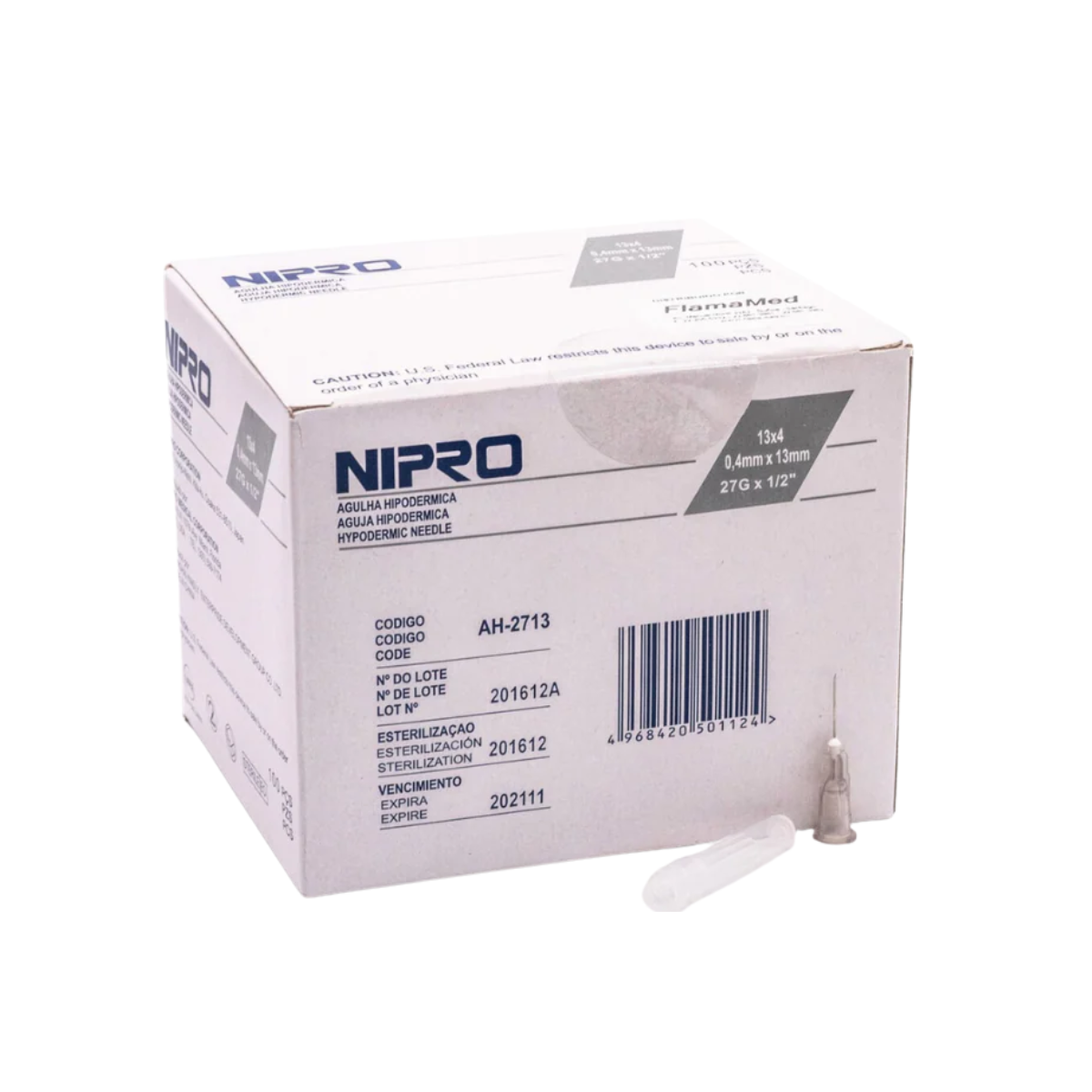 Nipro AH-2713, aguja hipodérmica 27G × 13 mm gris, caja con 100 piezas sobre fondo blanco