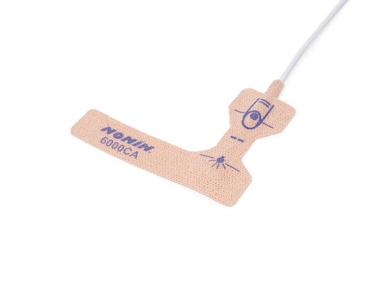 Detalle del sensor desechable de tela Nonin 6000CA, referencia ResMed 22337, con cable integrado