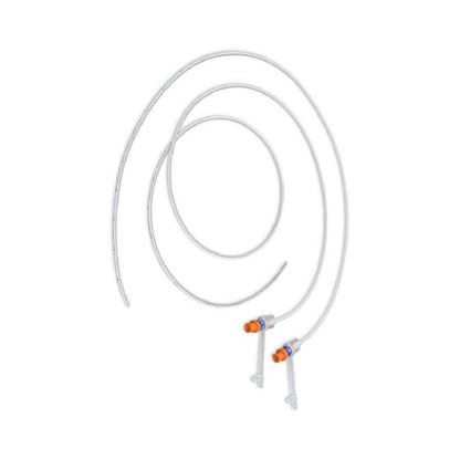 Dos sondas Utah Medical Nutri-Cath de silicona con hub naranja sobre fondo blanco