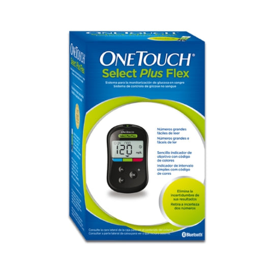 OneTouch Select Plus Flex LIFE0370 kit de monitoreo sobre fondo blanco