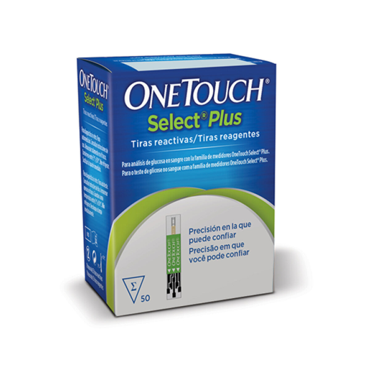 OneTouch Select Plus tiras reactivas, caja con 50, sobre fondo blanco