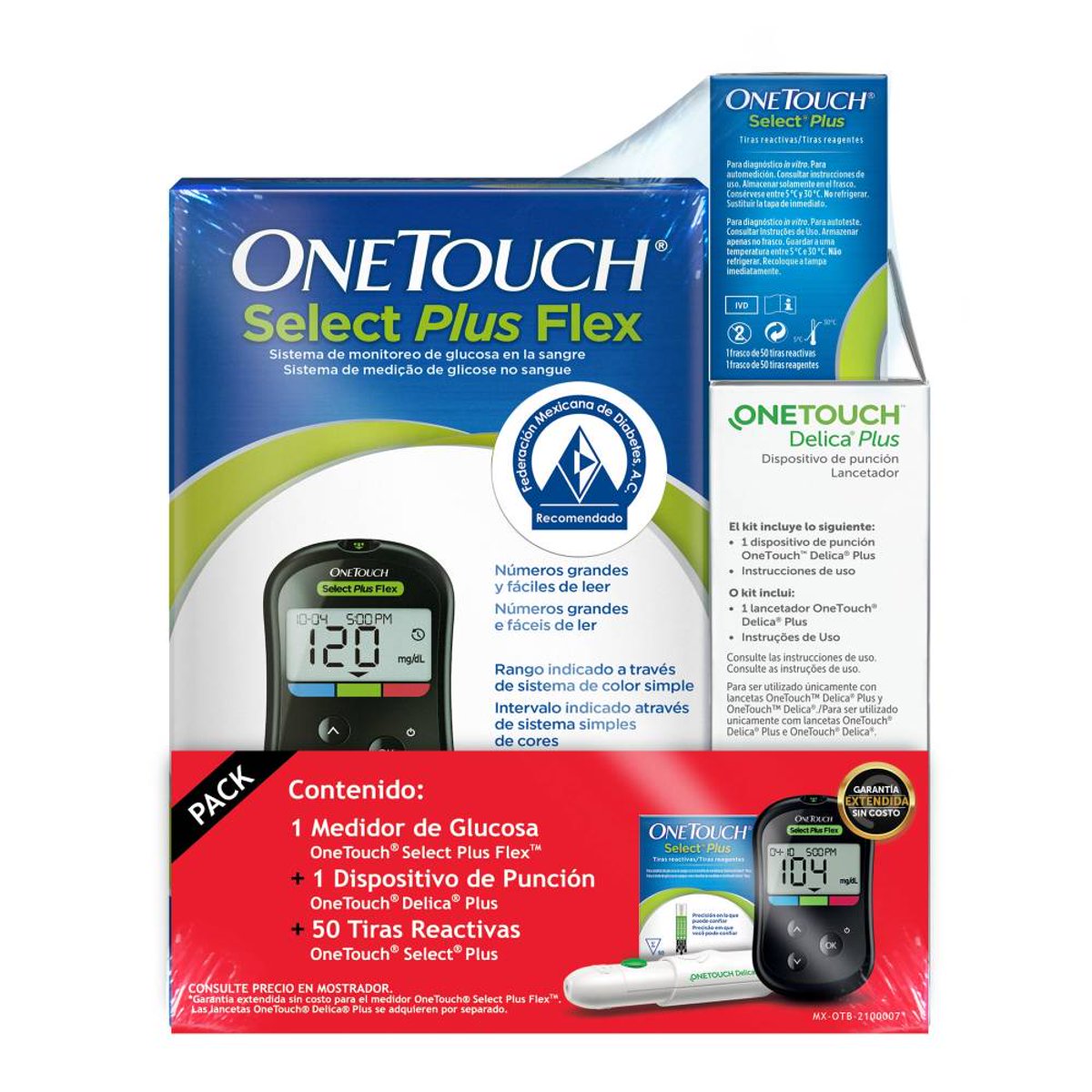 Kit OneTouch Select Plus Flex LIFE0370 con medidor, dispositivo de punción Delica Plus y 50 tiras reactivas, sobre fondo blanco