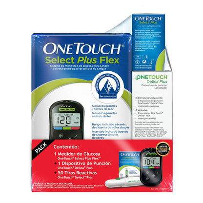 Kit OneTouch Select Plus Flex LIFE0370 con medidor, dispositivo de punción Delica Plus y 50 tiras reactivas, sobre fondo blanco