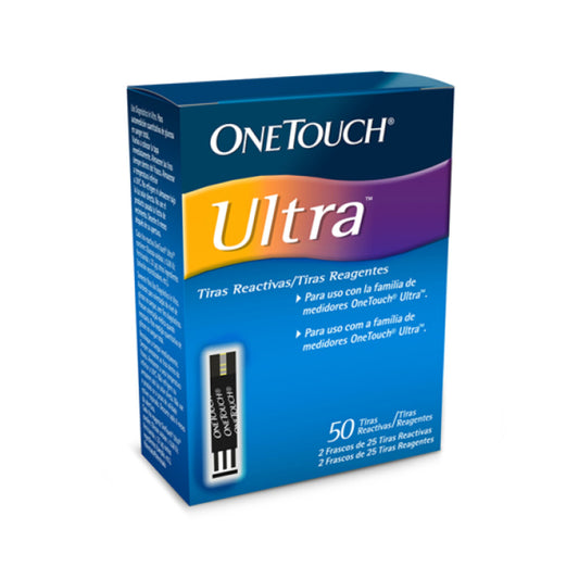 OneTouch Ultra tiras reactivas, caja con 50, sobre fondo blanco