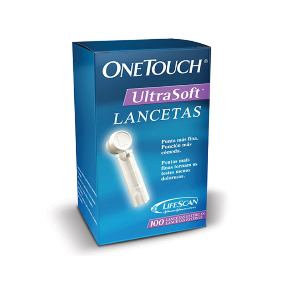 OneTouch UltraSoft 100 lancetas sobre fondo blanco