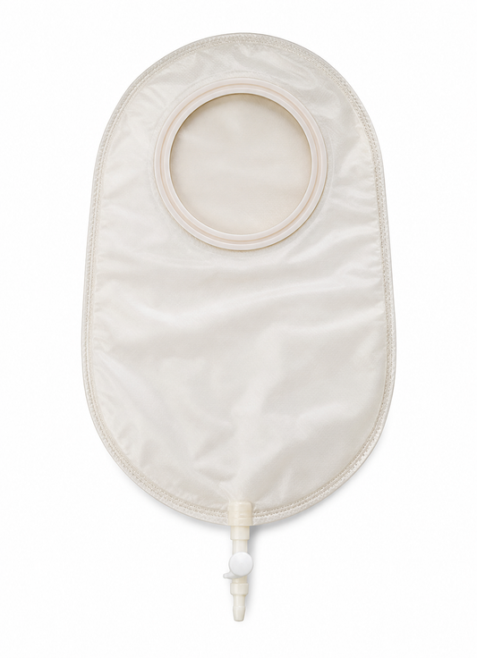 Imagen ilustrativa optimizada: Bolsa Uro-Set Ostomed del equipo completo de ostomía, aro de 70 mm, sobre fondo blanco