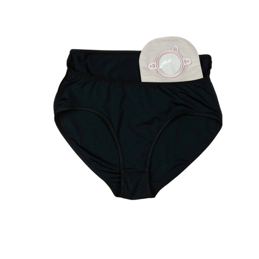 Calzón de licra negro Ostomyfit OF1-N con bolsillo interno — vista del bolsillo