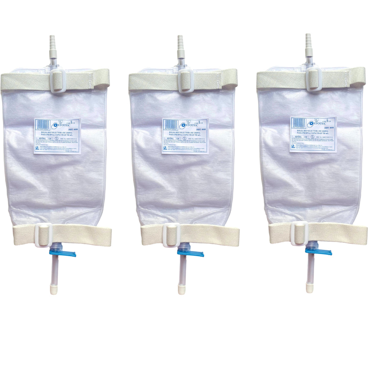Tres bolsas Ostotec 4008 recolectoras de orina para pierna de 750 ml, sobre fondo blanco