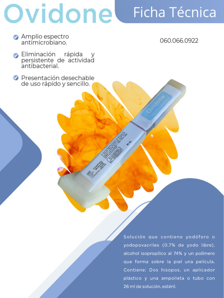 Ovidone OVI001PT, aplicador desechable con yodopovidona 0.7% y alcohol isopropílico 74%