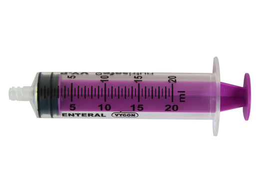 Vygon nutrisafe2 VY-P REF 1015.204, jeringa enteral de 20 ml con émbolo morado y conector nutrisafe2, sobre fondo blanco