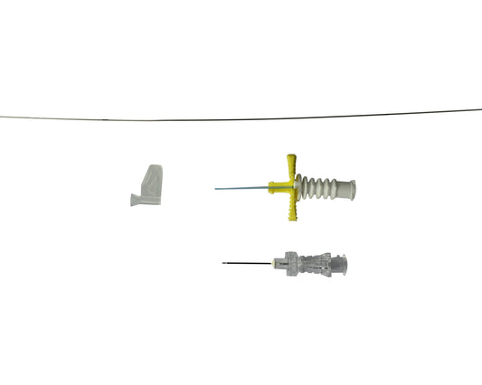 Kit Vygon Microsite REF 1147.02: aguja 24 G, guía de nitinol, vaina pelable 2 Fr y ayuda de inserción, sobre fondo blanco