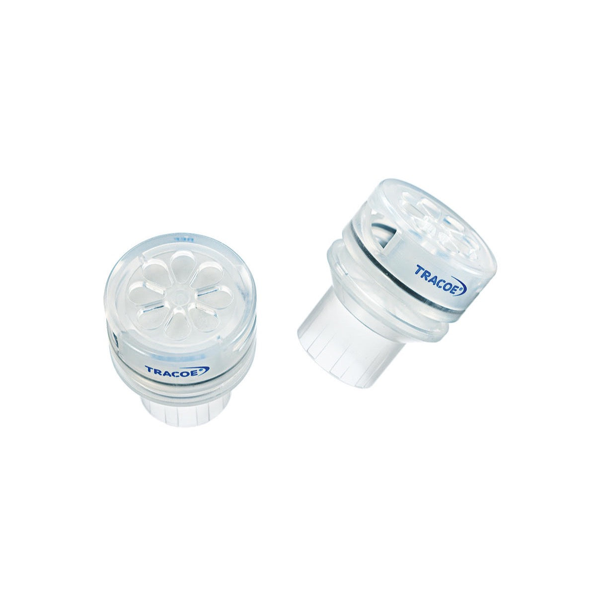 Válvula fonatoria TRACOE Phon Assist I REF 650-T transparente con conector de 15 mm y orificios laterales, sobre fondo blanco