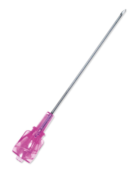 Aguja Vygon Nutrisafe2 REF 817.002, vista oblicua, cubo lila y cánula metálica, sobre fondo blanco