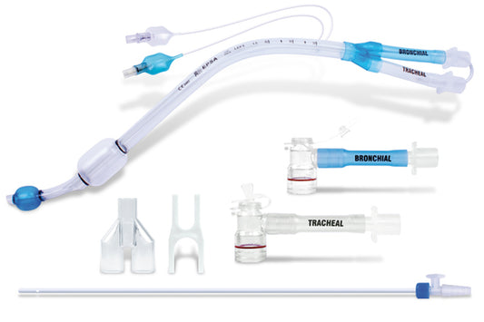 EPSA tubo bronquial doble lumen izquierdo 9784/9792: tubo de PVC, conectores bronquial y traqueal, pieza en Y, llave y mandril, sobre blanco
