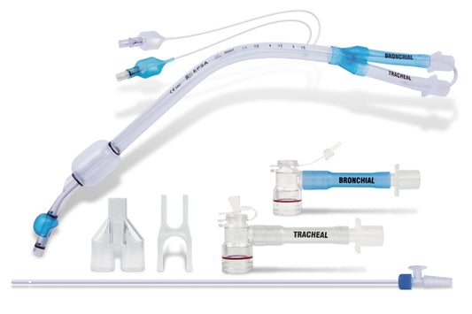 EPSA tubo bronquial doble lumen derecho 9783/9791: tubo, conectores BRONCHIAL y TRACHEAL, mandril y pieza en Y, sobre blanco