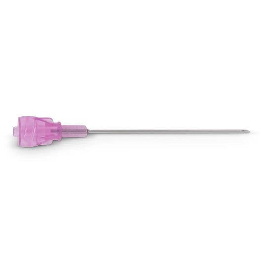 Aguja Vygon Nutrisafe2 REF 817.002 de 52 mm con cubo lila nutrisafe2 y cánula metálica, sobre fondo blanco