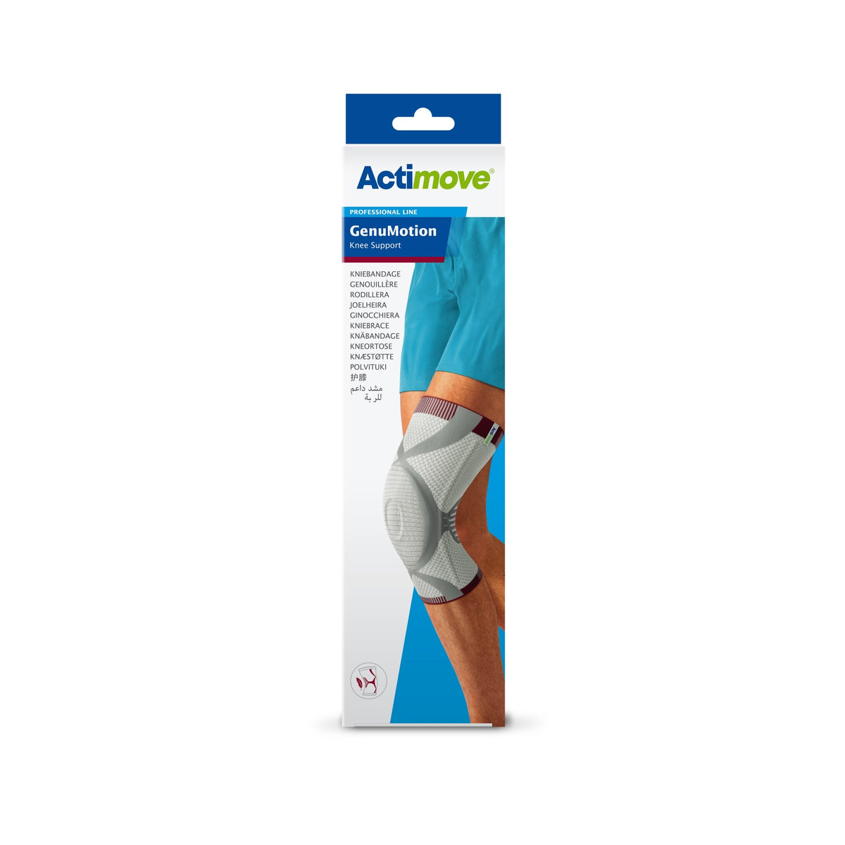 Caja Actimove GenuMotion Professional Line, rodillera de compresión 3D, sobre fondo blanco