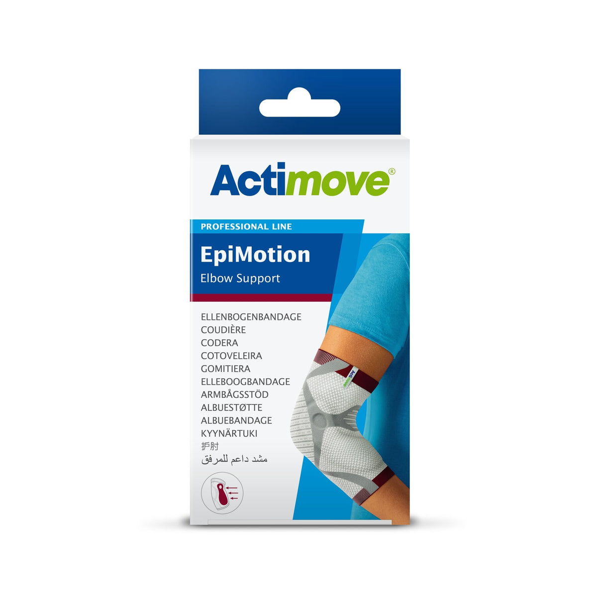 Caja Actimove EpiMotion Professional Line, codera de compresión 3D, sobre fondo blanco