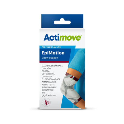 Caja Actimove EpiMotion Professional Line, codera de compresión 3D, sobre fondo blanco
