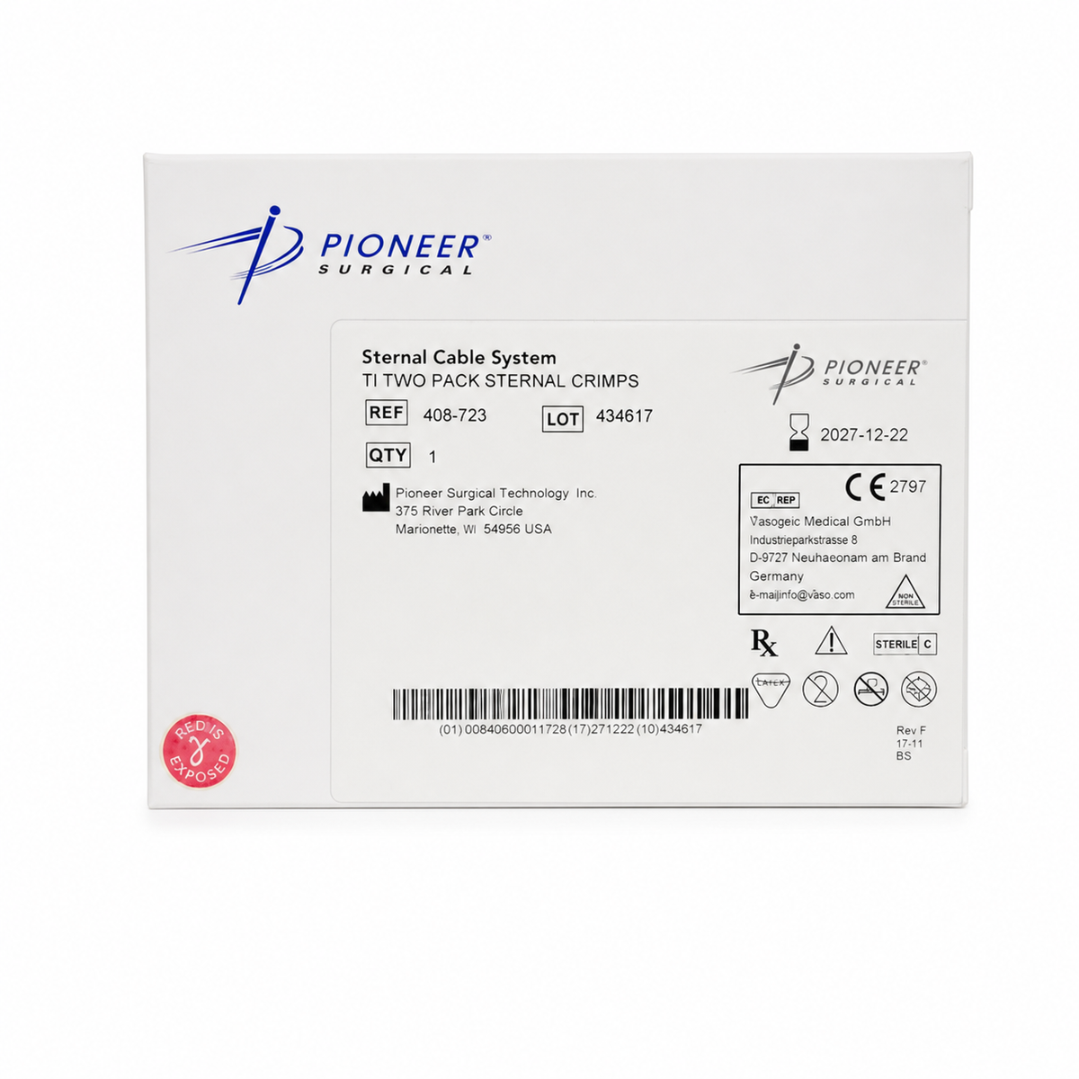 Imagen optimizada: Pioneer Sternal Cable System 408-723 con dos abrazaderas de titanio, sobre fondo blanco