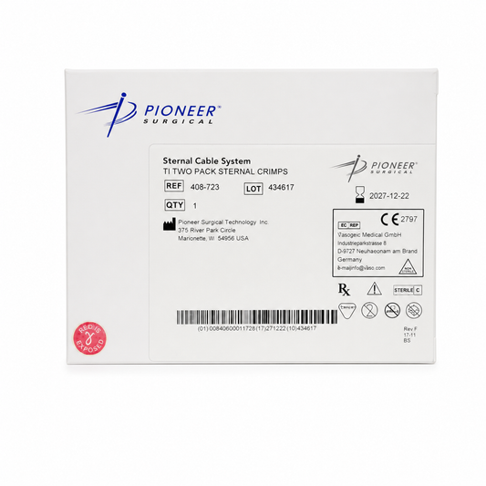 Imagen optimizada: Pioneer Sternal Cable System 408-723 con dos abrazaderas de titanio, sobre fondo blanco