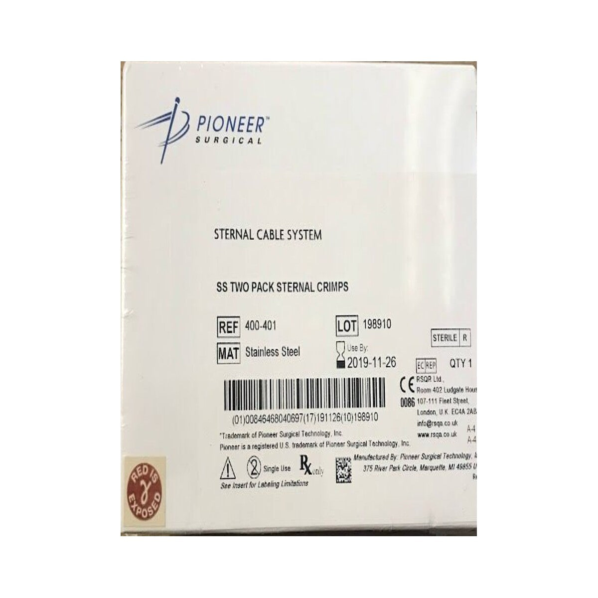 Pioneer Sternal Cable System 400-401, abrazaderas de acero inoxidable, paquete con 2, sobre fondo blanco