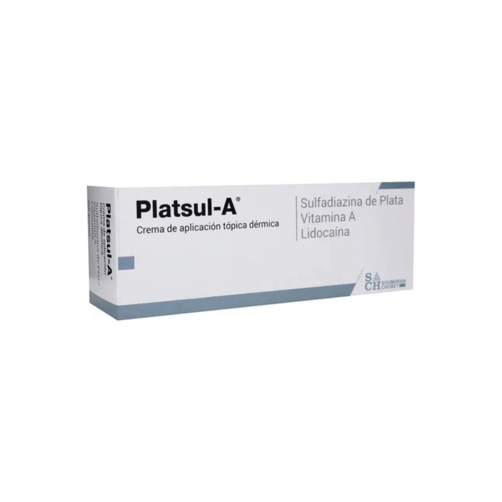 Platsul-A Crema tubo 30 g, caja Soubeiran Chobet con sulfadiazina de plata, vitamina A y lidocaína, sobre fondo blanco