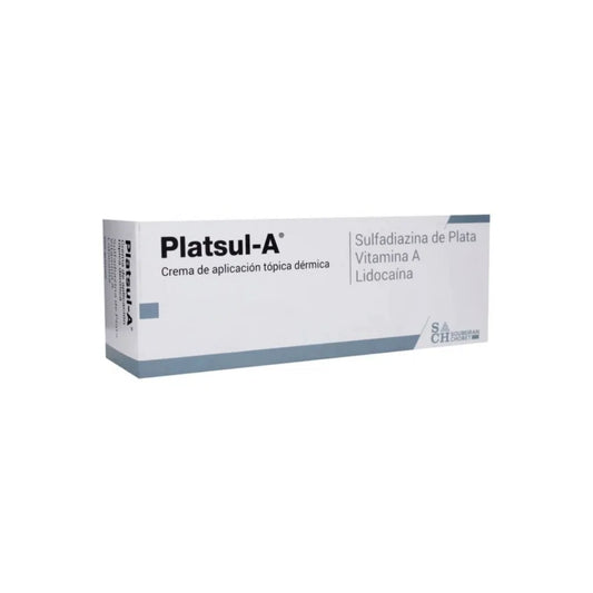 Platsul-A Crema tubo 30 g, caja Soubeiran Chobet con sulfadiazina de plata, vitamina A y lidocaína, sobre fondo blanco