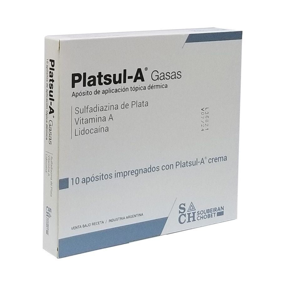 Platsul-A Gasas, caja de 10 apósitos 10 × 10 cm impregnados con sulfadiazina de plata, sobre fondo blanco
