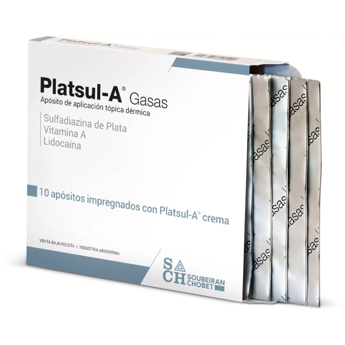 Platsul-A Gasas, caja abierta con sobres de apósitos 10 × 10 cm impregnados con crema Platsul-A