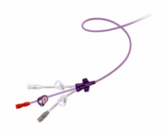 Catéter BD PowerPICC Sherlock 3CG 4375118 de 5 Fr y triple lumen, poliuretano violeta sobre fondo blanco