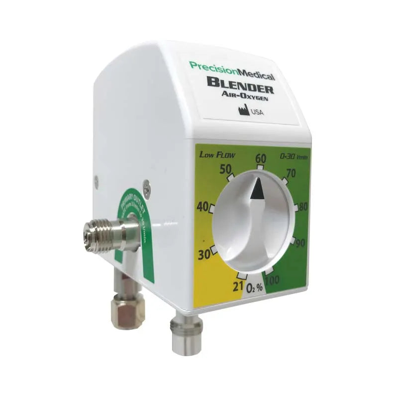 Mezcladora Precision Medical PM5300 completa sin flujómetro montado; el conjunto PM5300-79 incluye un flujómetro dual de 0.5–3 y 5–15 L/min no mostrado