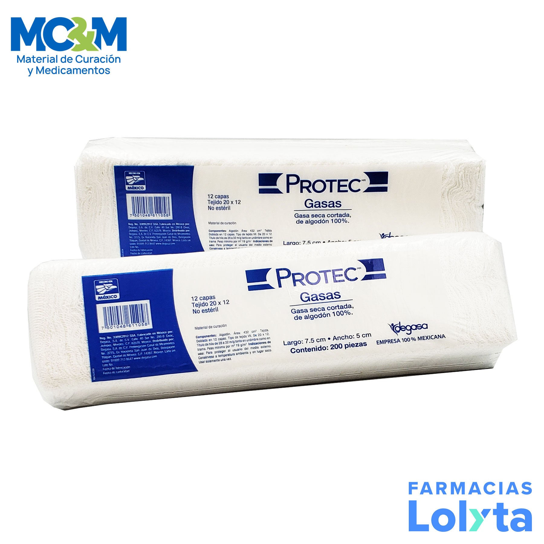 PROTEC 0104000 gasa no estéril de 7.5 × 5 cm, 12 capas y tejido 20 × 12